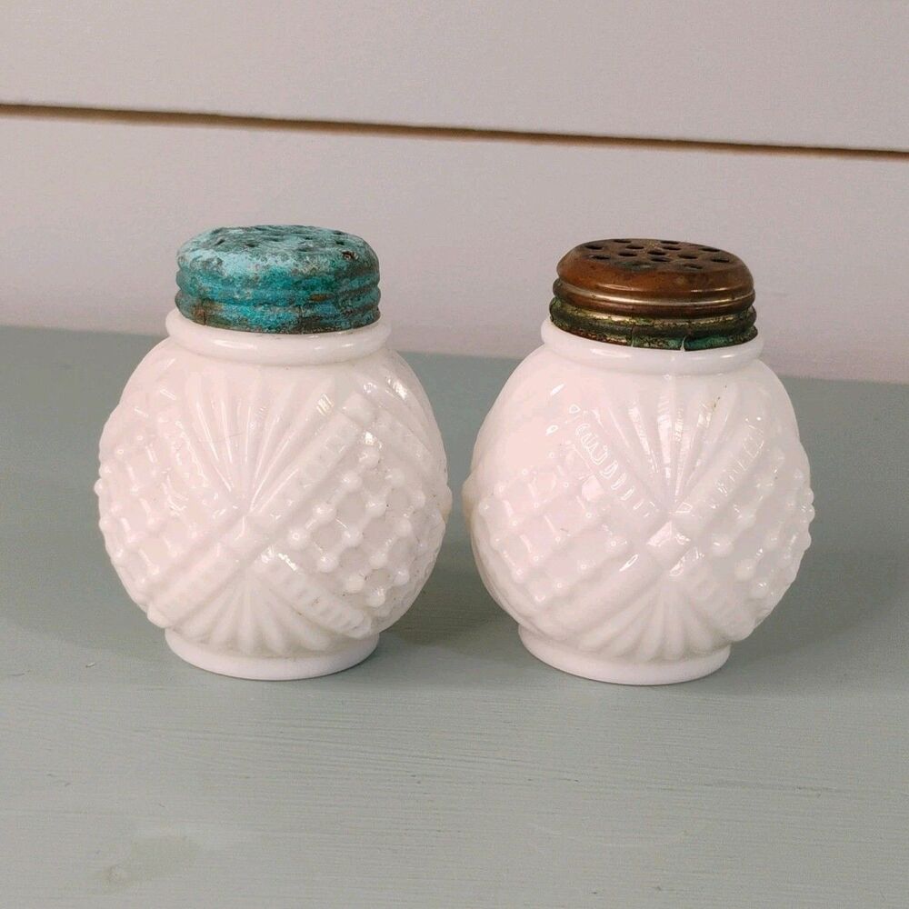 Vintage Burlington Milk Glass Salt & Pepper Shaker Set, Metal Lids, 2pc